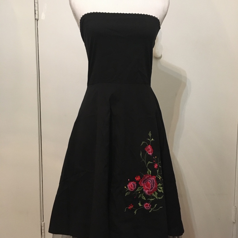 Strapless Black Dress with Pink Rose Embroidery and Tulle Slip